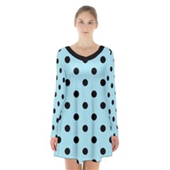 Large Black Polka Dots On Blizzard Blue - Long Sleeve Velvet V-neck Dress by FashionLane