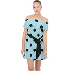 Large Black Polka Dots On Blizzard Blue - Off Shoulder Chiffon Dress by FashionLane