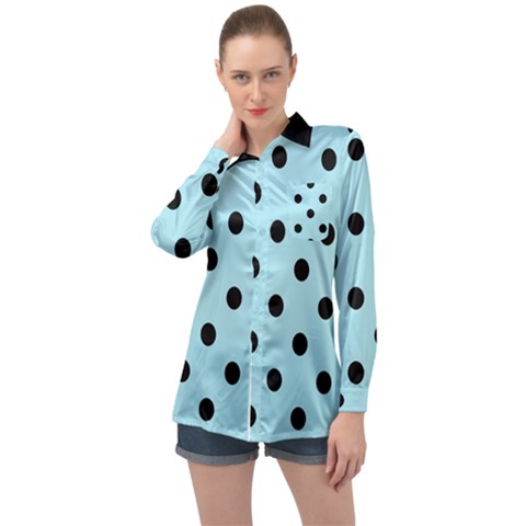 Large Black Polka Dots On Blizzard Blue - Long Sleeve Satin Shirt by FashionLane