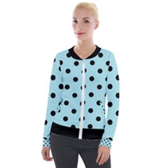 Large Black Polka Dots On Blizzard Blue - Velvet Zip Up Jacket by FashionLane