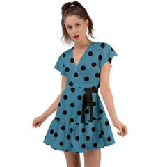 Large Black Polka Dots On Blue Moon - Flutter Sleeve Wrap Dress by FashionLane