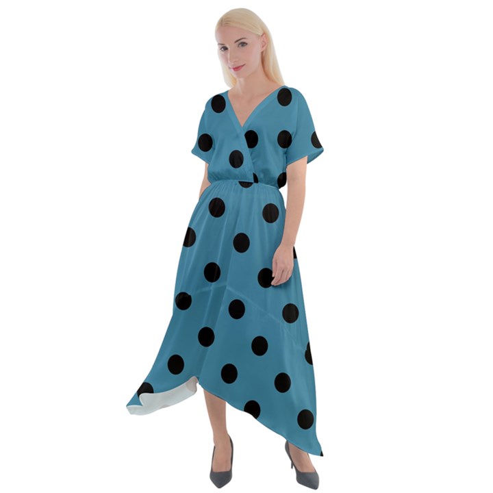 Large Black Polka Dots On Blue Moon - Cross Front Sharkbite Hem Maxi Dress