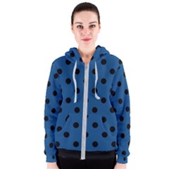 Large Black Polka Dots On Classic Blue - Women s Zipper Hoodie by FashionLane