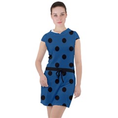 Large Black Polka Dots On Classic Blue - Drawstring Hooded Dress by FashionLane