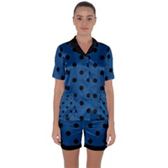 Large Black Polka Dots On Classic Blue - Satin Short Sleeve Pajamas Set by FashionLane