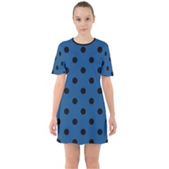 Large Black Polka Dots On Classic Blue - Sixties Short Sleeve Mini Dress by FashionLane