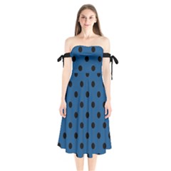 Large Black Polka Dots On Classic Blue - Shoulder Tie Bardot Midi Dress by FashionLane