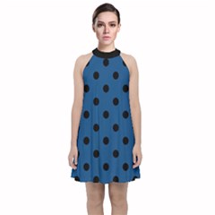 Large Black Polka Dots On Classic Blue - Velvet Halter Neckline Dress  by FashionLane