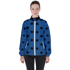 Large Black Polka Dots On Classic Blue - Women s High Neck Windbreaker by FashionLane