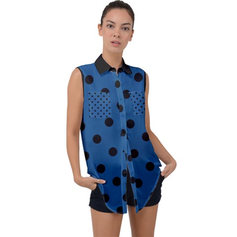 Large Black Polka Dots On Classic Blue - Sleeveless Chiffon Button Shirt by FashionLane