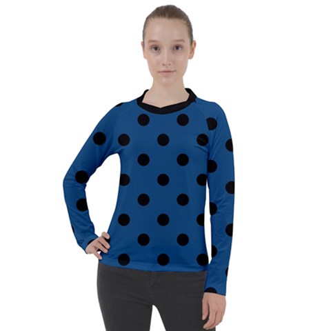 Large Black Polka Dots On Classic Blue - Women s Pique Long Sleeve Tee by FashionLane