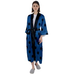 Large Black Polka Dots On Classic Blue - Maxi Satin Kimono by FashionLane