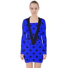 Large Black Polka Dots On Just Blue - V-neck Bodycon Long Sleeve Dress by FashionLane