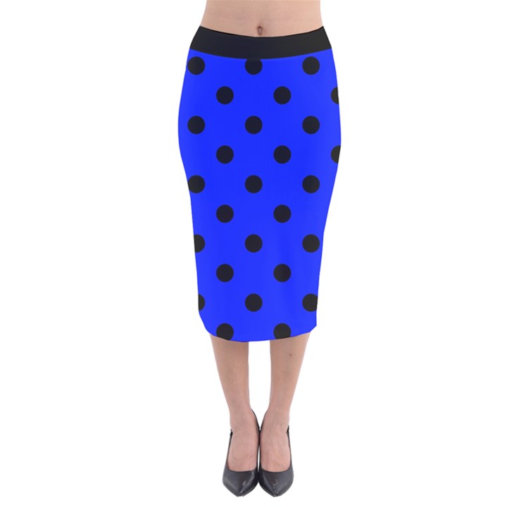 Large Black Polka Dots On Just Blue - Velvet Midi Pencil Skirt