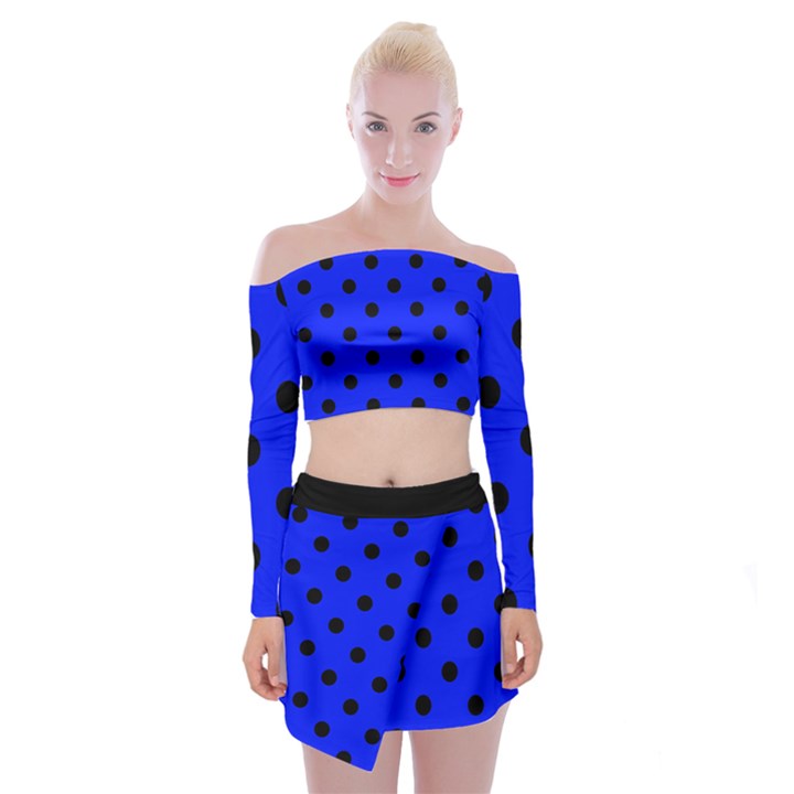 Large Black Polka Dots On Just Blue - Off Shoulder Top with Mini Skirt Set