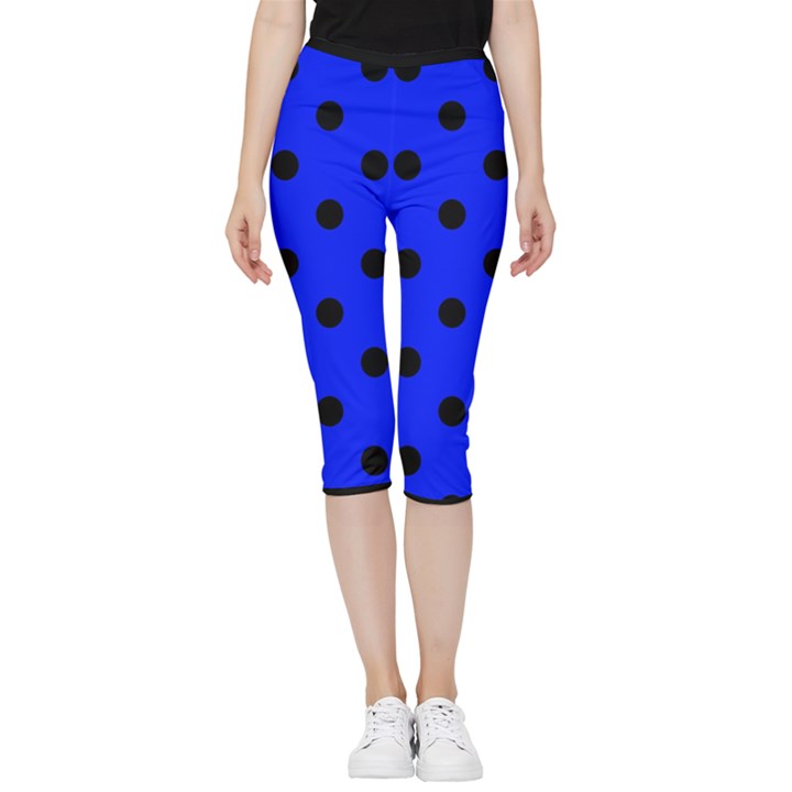 Large Black Polka Dots On Just Blue - Inside Out Lightweight Velour Capri Leggings 