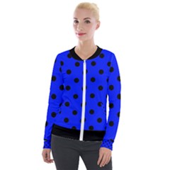 Large Black Polka Dots On Just Blue - Velvet Zip Up Jacket by FashionLane