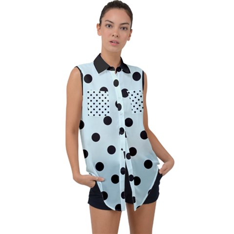 Large Black Polka Dots On Pale Blue - Sleeveless Chiffon Button Shirt by FashionLane