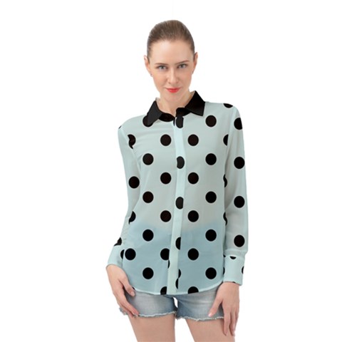 Large Black Polka Dots On Pale Blue - Long Sleeve Chiffon Shirt by FashionLane