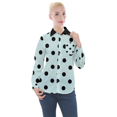 Large Black Polka Dots On Pale Blue - Women s Long Sleeve Pocket Shirt by FashionLane