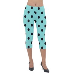 Large Black Polka Dots On Tiffany Blue - Lightweight Velour Capri Leggings  by FashionLane