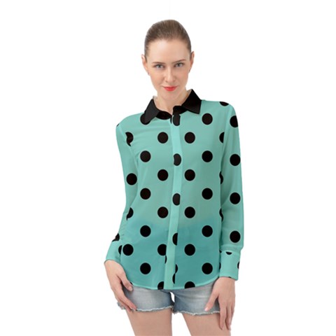 Large Black Polka Dots On Tiffany Blue - Long Sleeve Chiffon Shirt by FashionLane