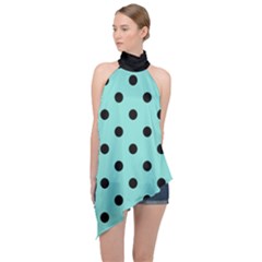 Large Black Polka Dots On Tiffany Blue - Halter Asymmetric Satin Top by FashionLane