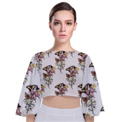 Butterflies On Peonies - By Larenard Tie Back Butterfly Sleeve Chiffon Top by LaRenard