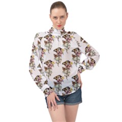 Butterflies On Peonies - By Larenard High Neck Long Sleeve Chiffon Top by LaRenard