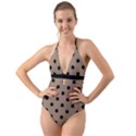 Large Black Polka Dots On Beaver Brown - Halter Cut-Out One Piece Swimsuit View1