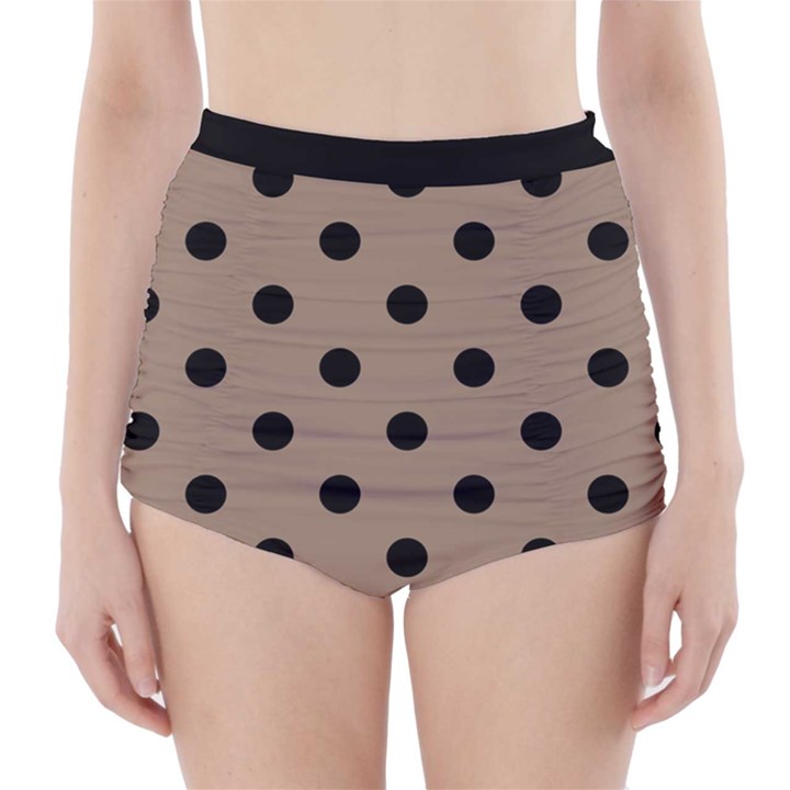 Large Black Polka Dots On Beaver Brown - High-Waisted Bikini Bottoms