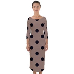 Large Black Polka Dots On Beaver Brown - Quarter Sleeve Midi Bodycon Dress by FashionLane