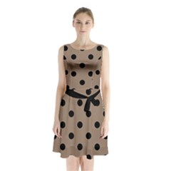 Large Black Polka Dots On Beaver Brown - Sleeveless Waist Tie Chiffon Dress by FashionLane