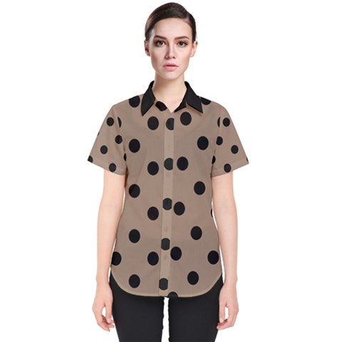 Large Black Polka Dots On Beaver Brown - Women s Short Sleeve Shirt by FashionLane