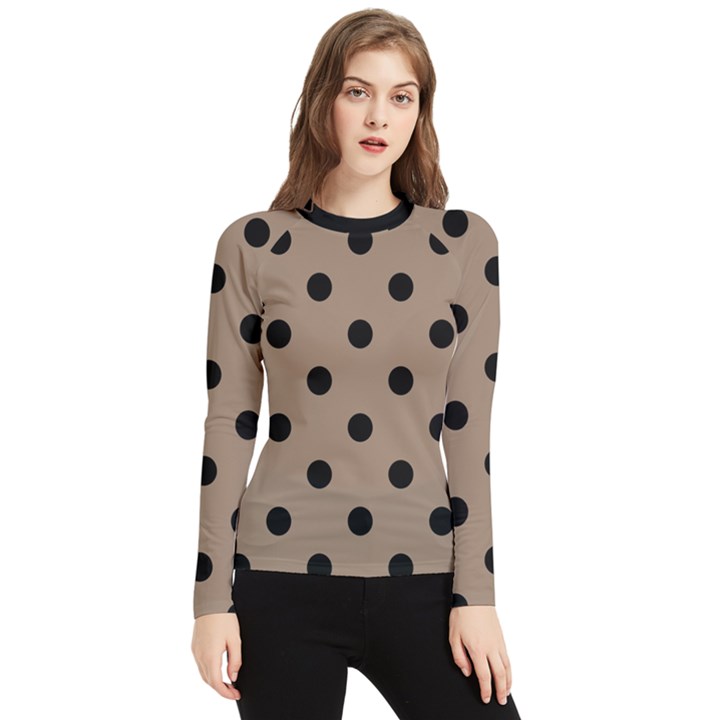 Large Black Polka Dots On Beaver Brown - Women s Long Sleeve Rash Guard