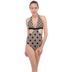 Large Black Polka Dots On Beaver Brown - Halter Front Plunge Swimsuit by FashionLane