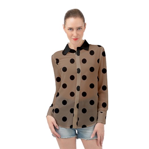 Large Black Polka Dots On Beaver Brown - Long Sleeve Chiffon Shirt by FashionLane