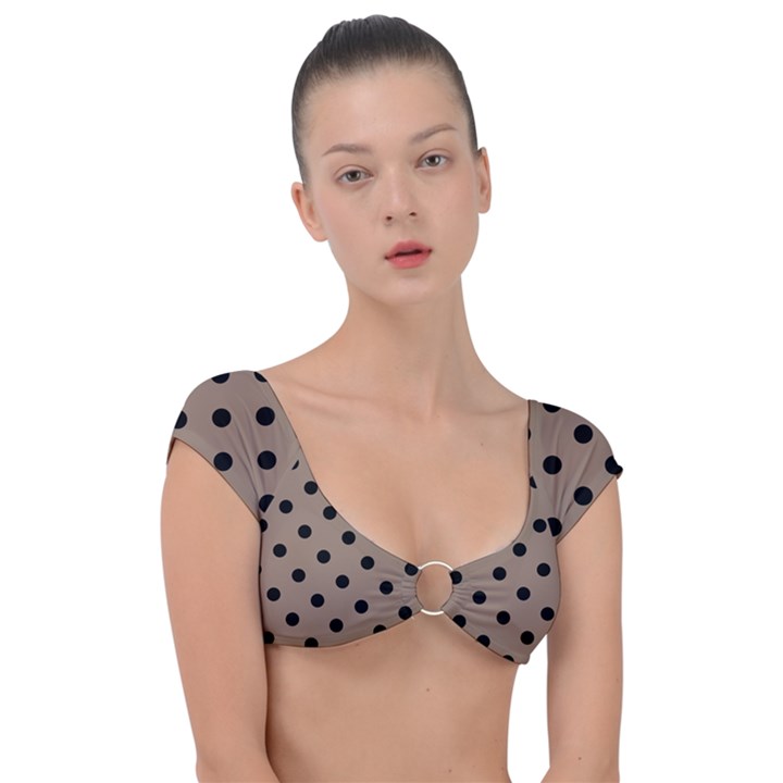 Large Black Polka Dots On Beaver Brown - Cap Sleeve Ring Bikini Top