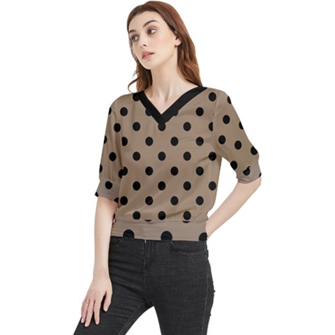 Large Black Polka Dots On Beaver Brown - Quarter Sleeve Blouse by FashionLane