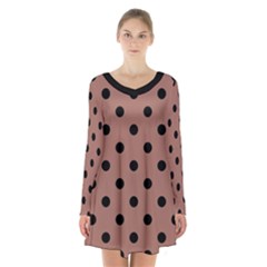 Large Black Polka Dots On Blast-off Bronze - Long Sleeve Velvet V-neck Dress by FashionLane