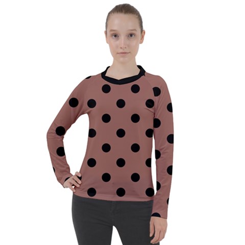 Large Black Polka Dots On Blast-off Bronze - Women s Pique Long Sleeve Tee by FashionLane