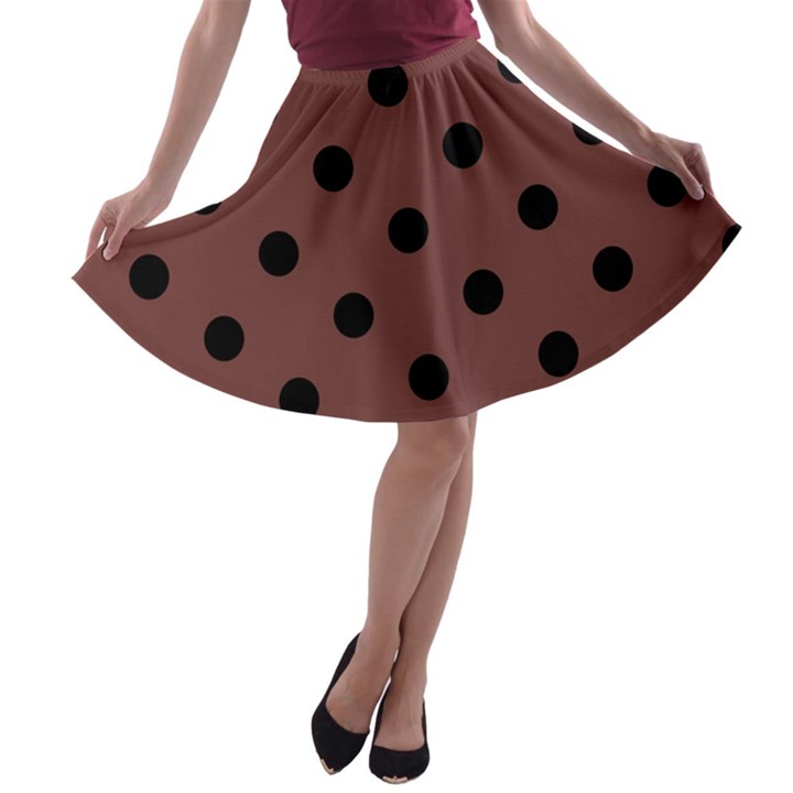 Large Black Polka Dots On Bole Brown - A-line Skater Skirt