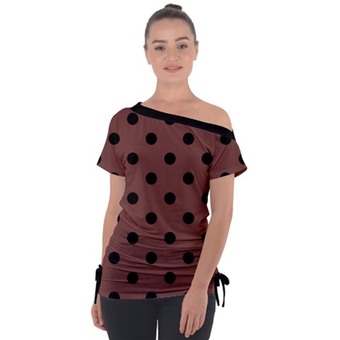 Large Black Polka Dots On Bole Brown - Off Shoulder Tie-up Tee by FashionLane