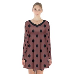 Large Black Polka Dots On Bole Brown - Long Sleeve Velvet V-neck Dress by FashionLane