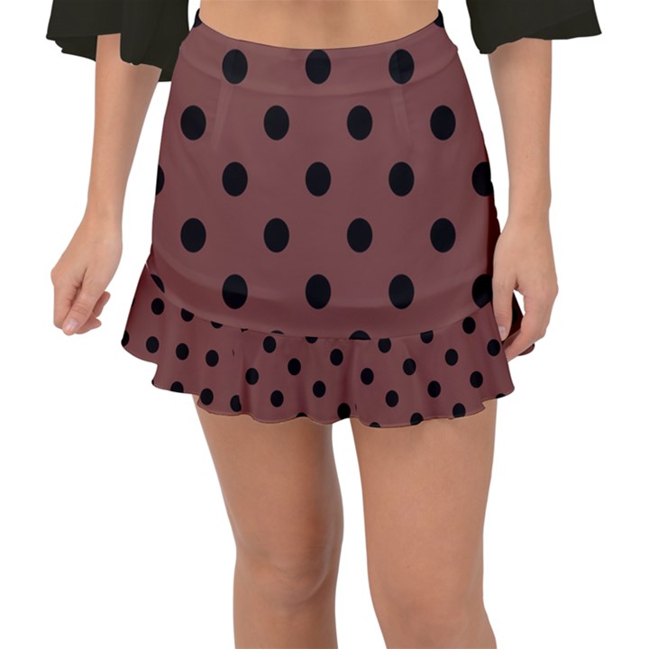 Large Black Polka Dots On Bole Brown - Fishtail Mini Chiffon Skirt