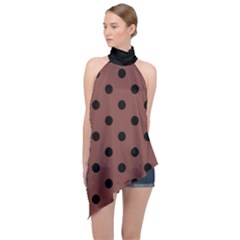 Large Black Polka Dots On Bole Brown - Halter Asymmetric Satin Top by FashionLane