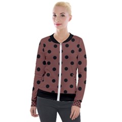 Large Black Polka Dots On Bole Brown - Velvet Zip Up Jacket by FashionLane