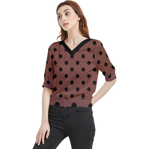 Large Black Polka Dots On Bole Brown - Quarter Sleeve Blouse by FashionLane