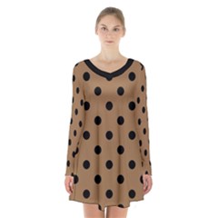 Large Black Polka Dots On Bone Brown - Long Sleeve Velvet V-neck Dress by FashionLane