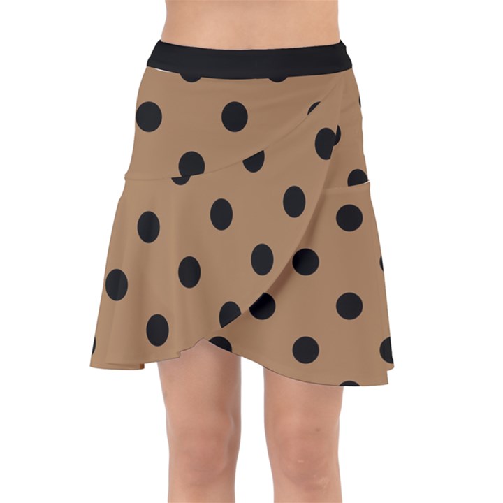 Large Black Polka Dots On Bone Brown - Wrap Front Skirt